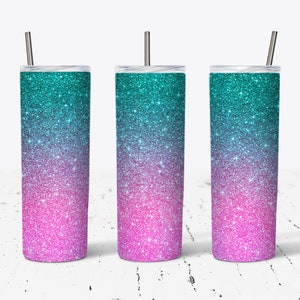 20 OZ Hot Pink e Teal Gradient Glitter Skinny Tumbler Design - Design de envoltório de sublimação reto e cônico - Tumbler PNG - Modelo