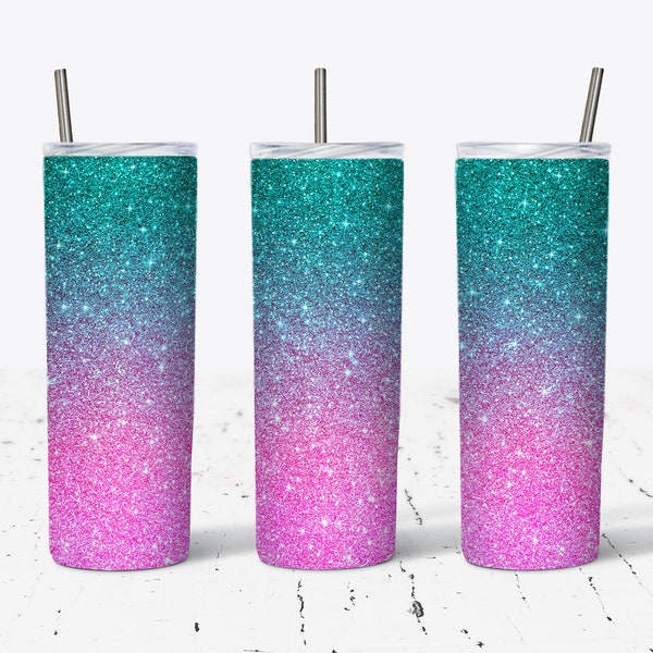 20 OZ Hot Pink And Teal Gradient Glitter Skinny Tumbler  Design - Straight & Tapered Sublimation Wrap Design - Tumbler PNG - Template