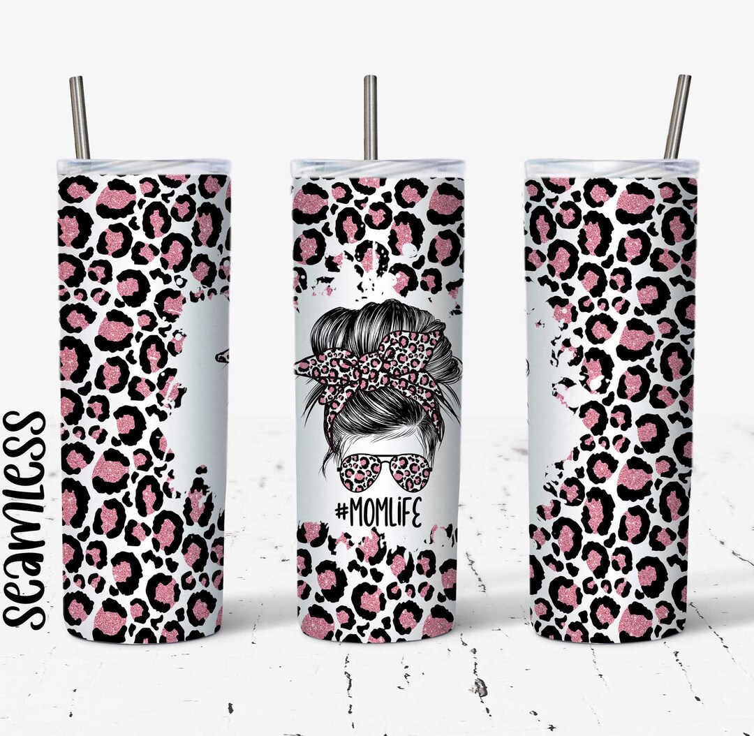 20 OZ Seamless Pink Glitter Leopard Mom Life Skinny Tumbler Design ...