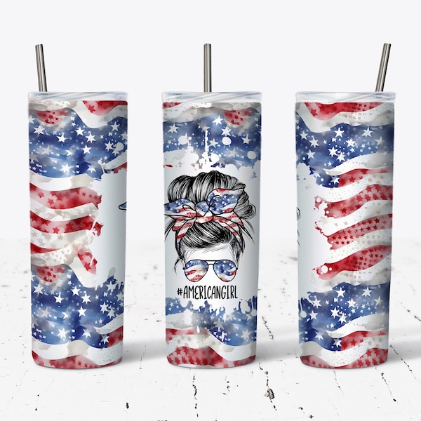 20 OZ American Girl Flag Messy Bun Girl Skinny Tumbler Design - Straight & Tapered Sublimation Wrap Design - Tumbler PNG - Template