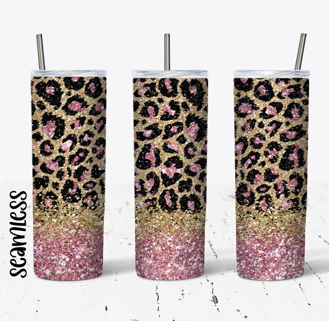 20 OZ Seamless Pink Glitter Leopard Skinny Tumbler Design - Straight ...