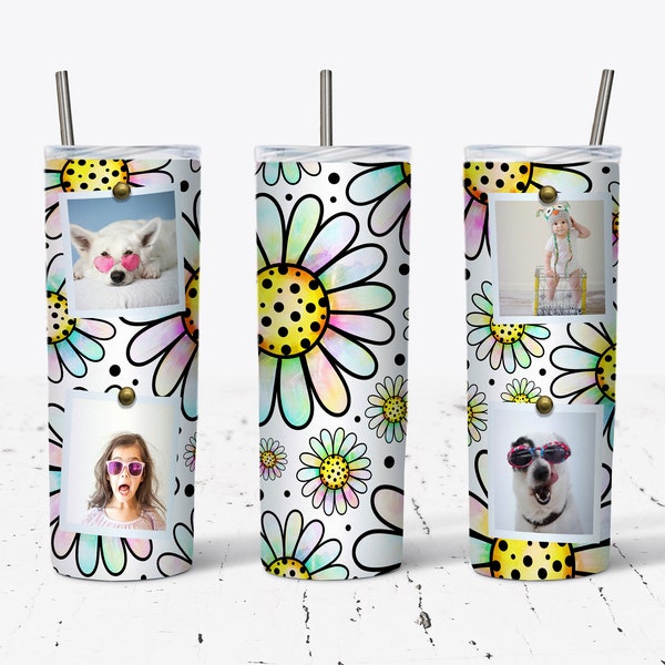 20 OZ  Daisy 4 Photos Skinny Tumbler Sublimation Design - Straight & Tapered Sublimation Wrap Design - Tumbler PNG - Template