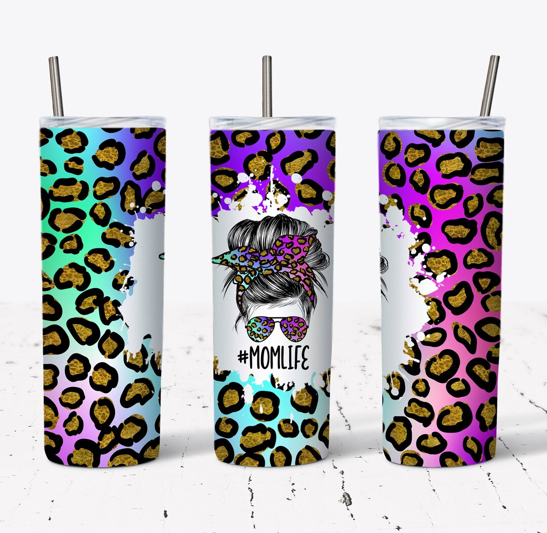 20 OZ Rainbow Glitter Leopard Mom Life Messy Bun Skinny Tumbler Design ...
