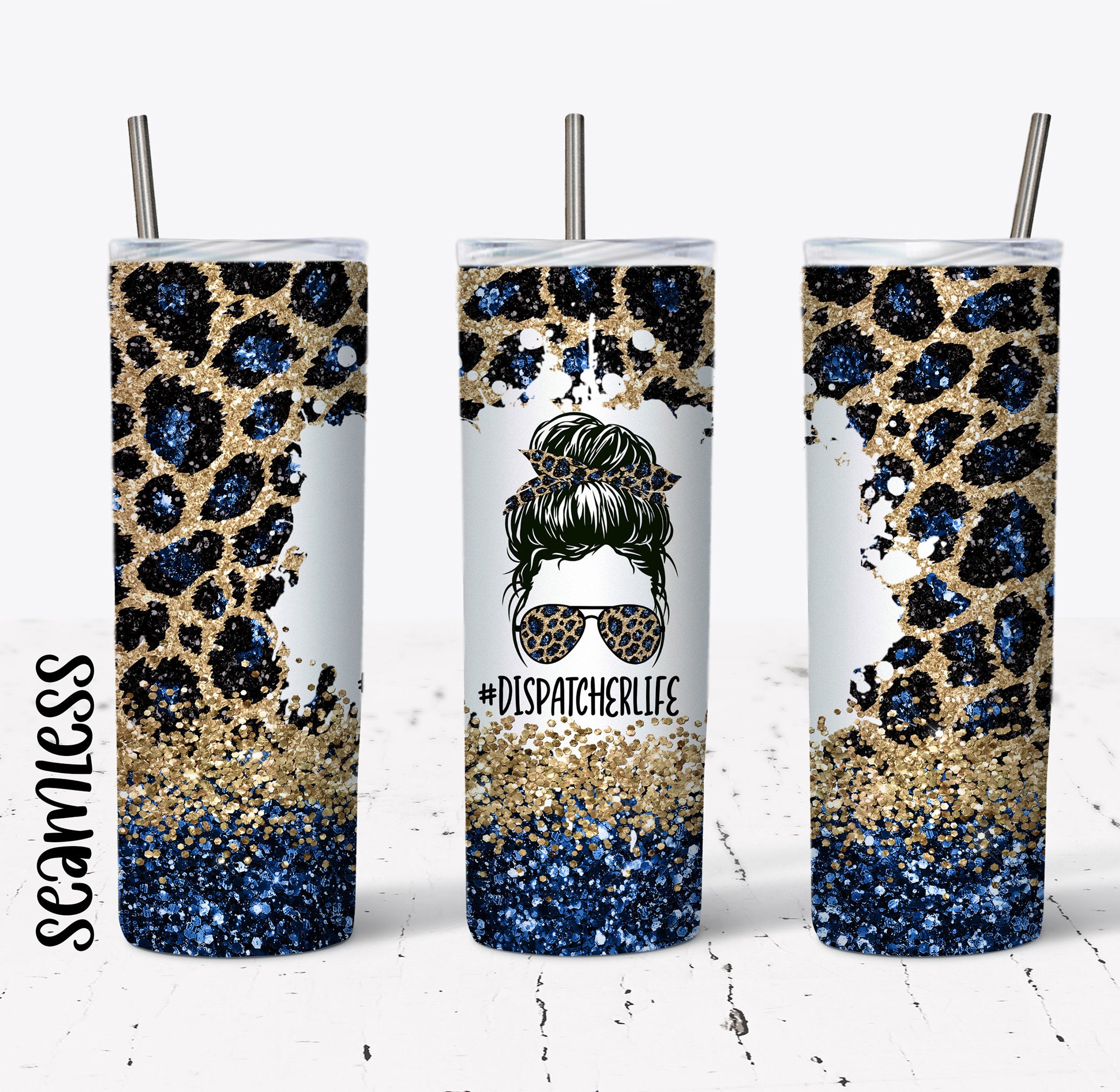 20 OZ Seamless Navy Glitter Leopard Dispatcher Life Skinny Tumbler ...
