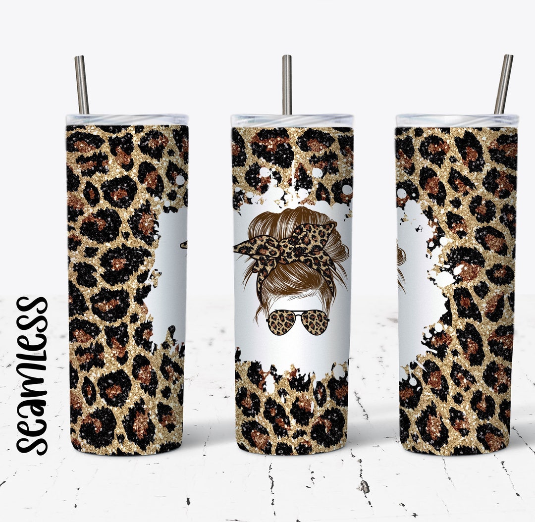 20 OZ Glitter Leopard Brown Hair Messy Bun Skinny Tumbler Design ...