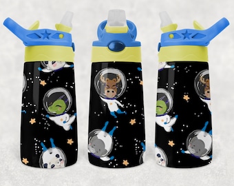 Astronaut Animals Kids Flip Top Water Bottle Sublimation Design - Straight & Tapered - 12 Oz Flip Top Design - Flip Top Sippy Cup PNG