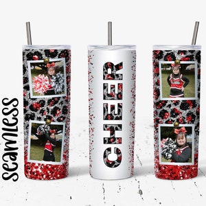 20 Unzen nahtlose rote Glitter Leopard Cheer Foto Skinny Tumbler Design - Gerade und konische Sublimation Wrap Design - Tumble PNG - Vorlage