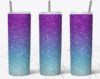 20 OZ lila och blå tonad glitter smal tumblerdesign - rak och avsmalnande sublimeringsomslagsdesign - tumbler PNG - mall