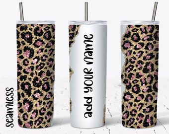 Pink Glitter Leopard Tumbler Wrap - 20 Oz Skinny Tumbler - Sublimation Design - Instant Digital Download - Seamless Tumbler PNG - Add Name