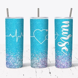 20 OZ  Blue Glitter Nurse Stethoscope Skinny Tumbler Design - Straight & Tapered Sublimation Wrap Design - Tumbler PNG - Template