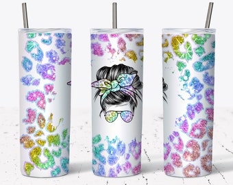 20 OZ Rainbow Glitter Leopard Messy Bun Hair Skinny Tumbler Design - Straight Sublimation Wrap Design - Tumbler PNG - Ajoutez votre nom