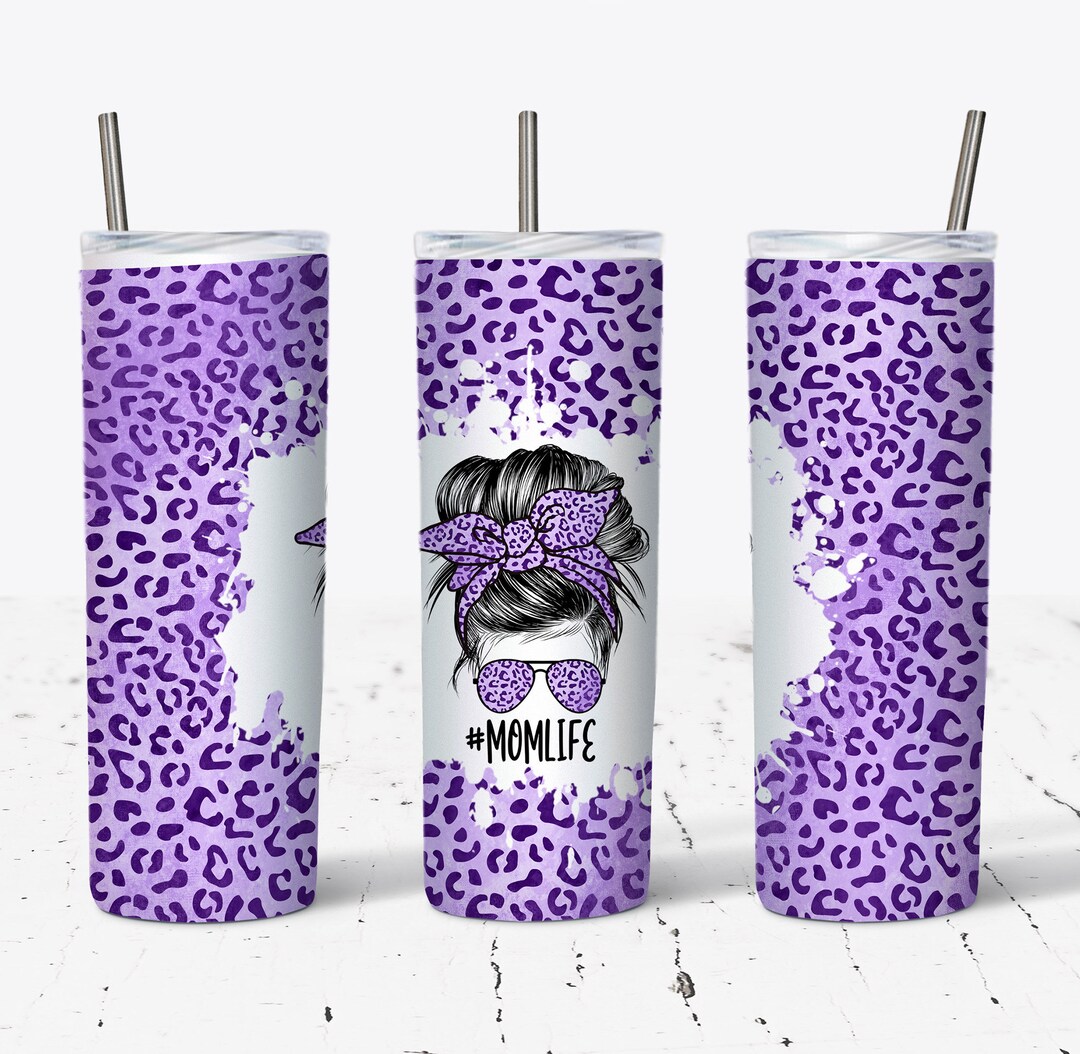 20 OZ Purple Leopard Mom Life Messy Bun Sublimation Skinny Tumbler ...