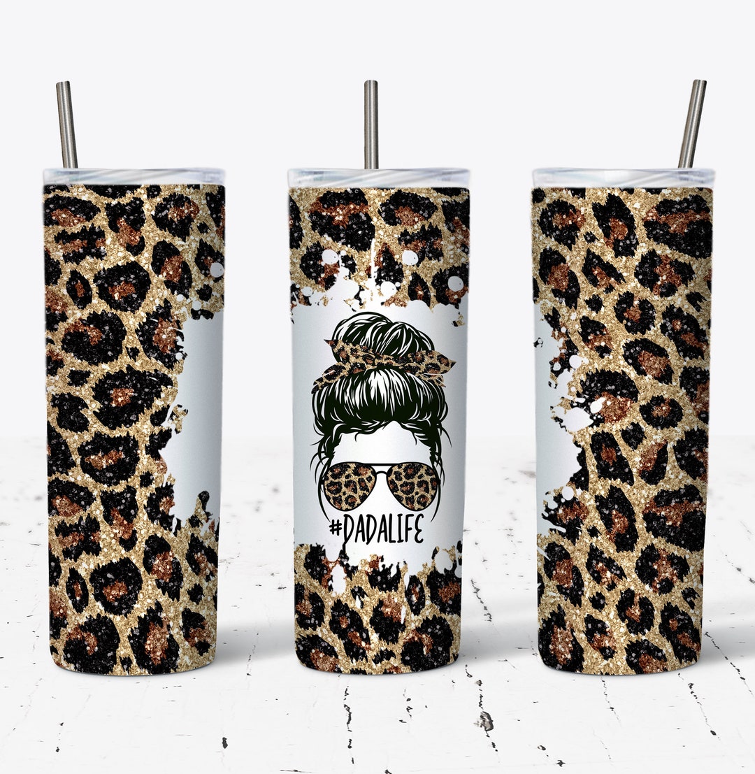 20 OZ Glitter Leopard Dada Life Messy Bun Skinny Tumbler Design ...