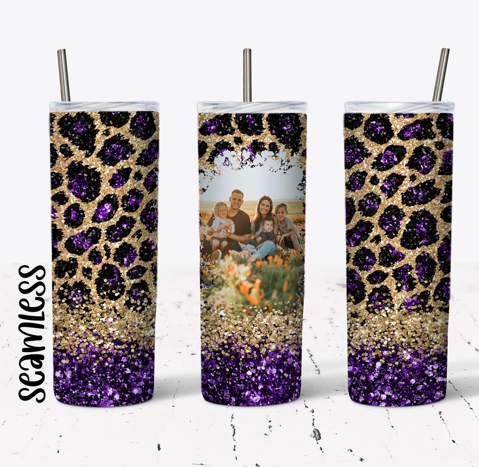 20 OZ Seamless Purple Glitter Leopard Photo Skinny Tumbler Design ...