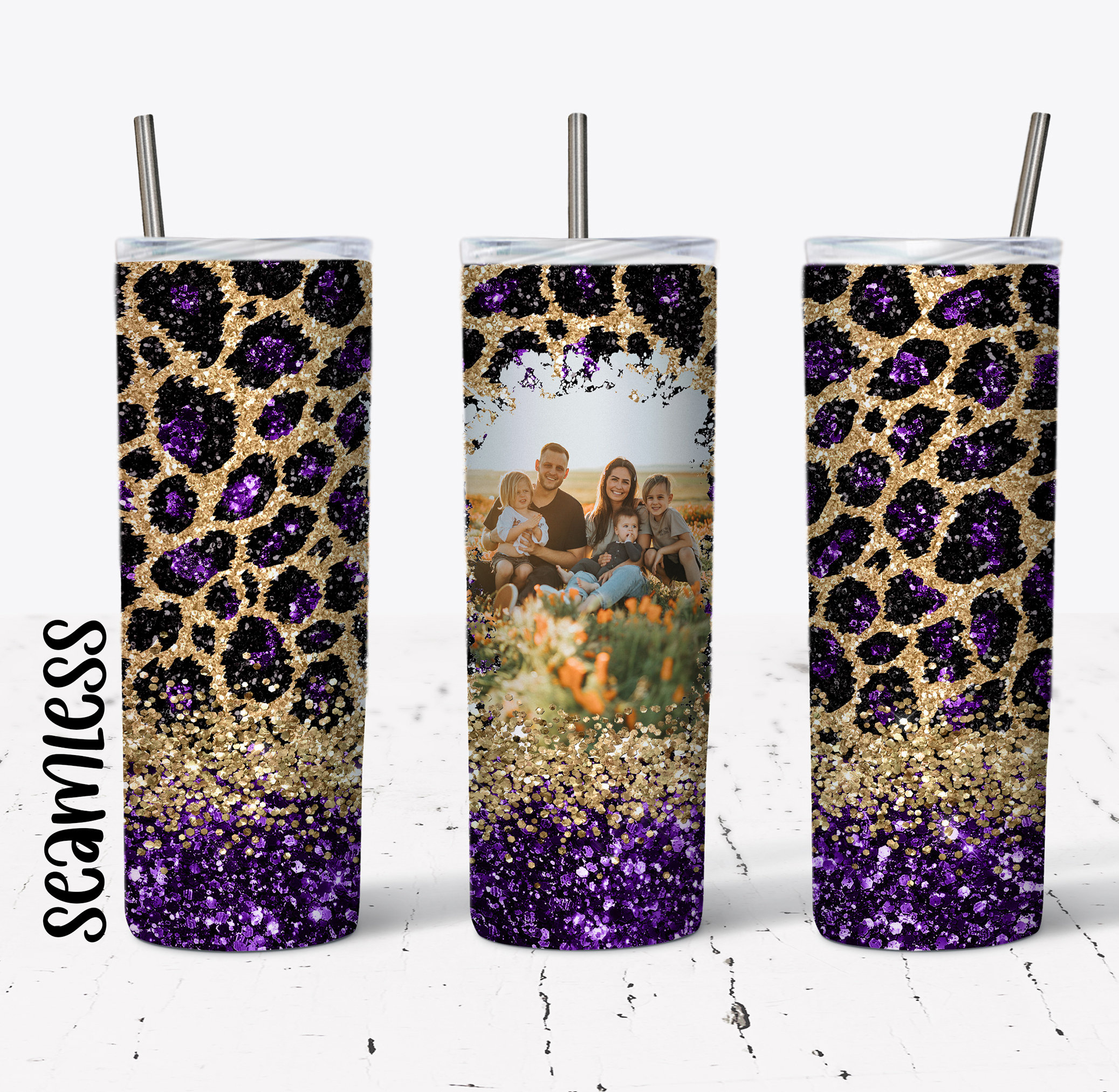 20 OZ Seamless Purple Glitter Leopard Photo Skinny Tumbler Design ...