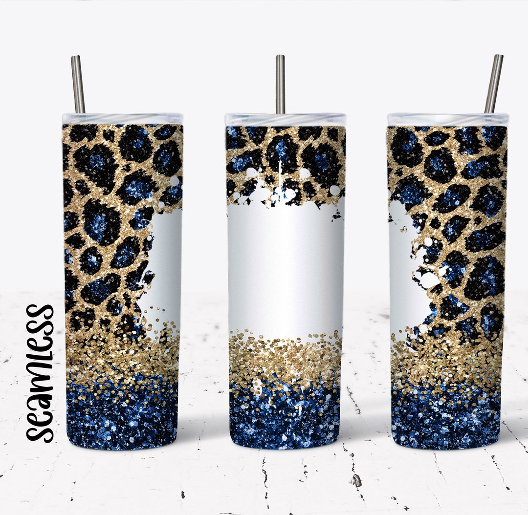 20 OZ Seamless Navy Glitter Leopard Skinny Tumbler Design - Straight ...