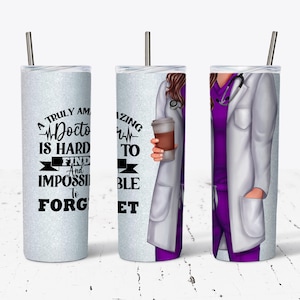 20 OZ Verkligen Fantastiska Kvinnliga Doktor Lila Scrubs Brunett Hår Smal Tumbler Design - Rak Sublimering Wrap Design - Tumbler PNG