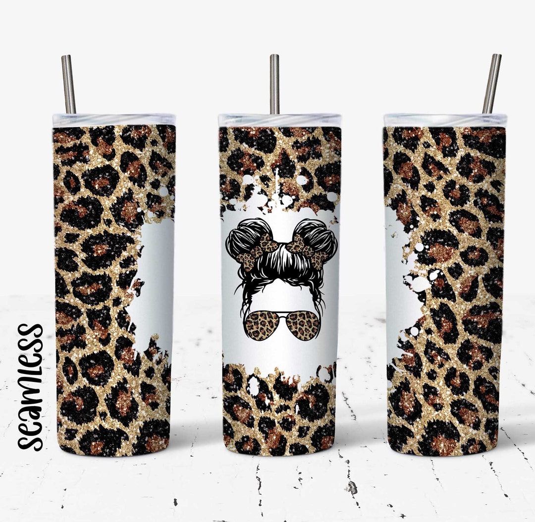 20 OZ Glitter Leopard Kid Life Messy Bun Skinny Tumbler Design ...
