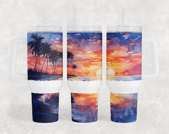 Envoltura de vaso Quencher de 40 oz de Beach Sunset, Vaso PNG sin costuras, Descarga digital, Vaso de sublimación con envoltura de asa