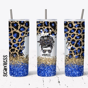 20 OZ Royal Blue Glitter Leopard Mom Life Messy Bun Skinny Tumbler ...
