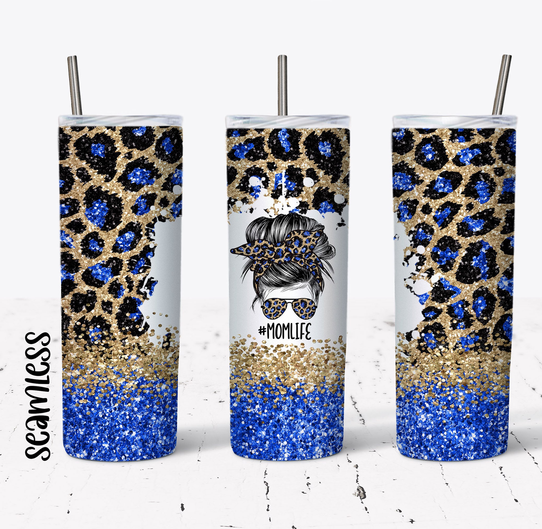 20 OZ Royal Blue Glitter Leopard Mom Life Messy Bun Skinny Tumbler ...