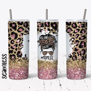 20 OZ Seamless Pink Glitter Leopard Mom Life Skinny Tumbler Design ...