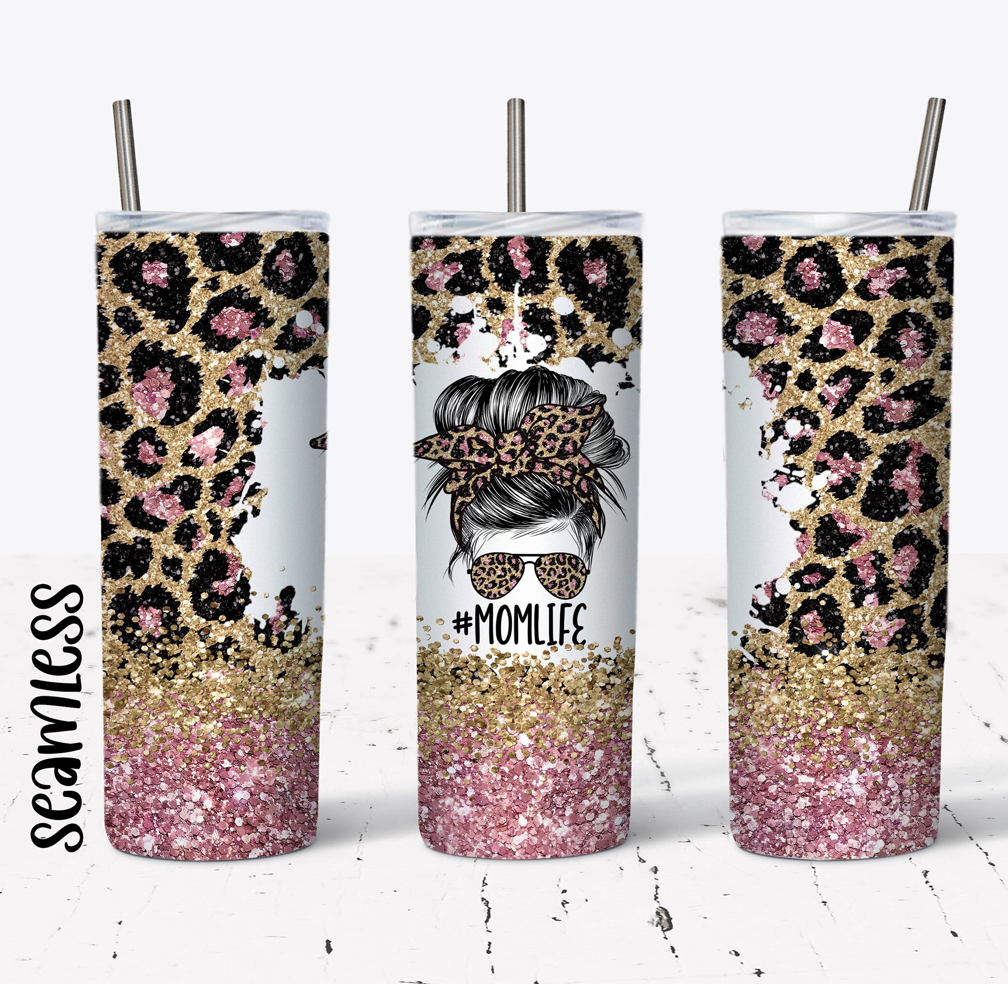20 OZ Seamless Pink Glitter Leopard Mom Life Skinny Tumbler Design ...
