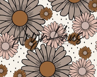 Retro Daisy Floral Seamless Pattern: Hand-Drawn JPG (Digital Download)