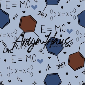 May include: A light blue pattern featuring molecular structures, equations, hearts, and stars. The words "LOVE" and "E=MC" are also present. The design includes the signature "Akgnmus pattern do".