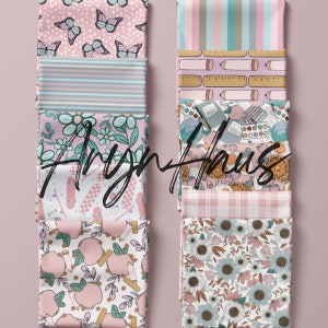 May include: A selection of patterned fabrics with designs such as butterflies, stripes, flowers, and school themes. The colour scheme includes soft pinks, blues, and greens. The fabrics are displayed against a pink backdrop.