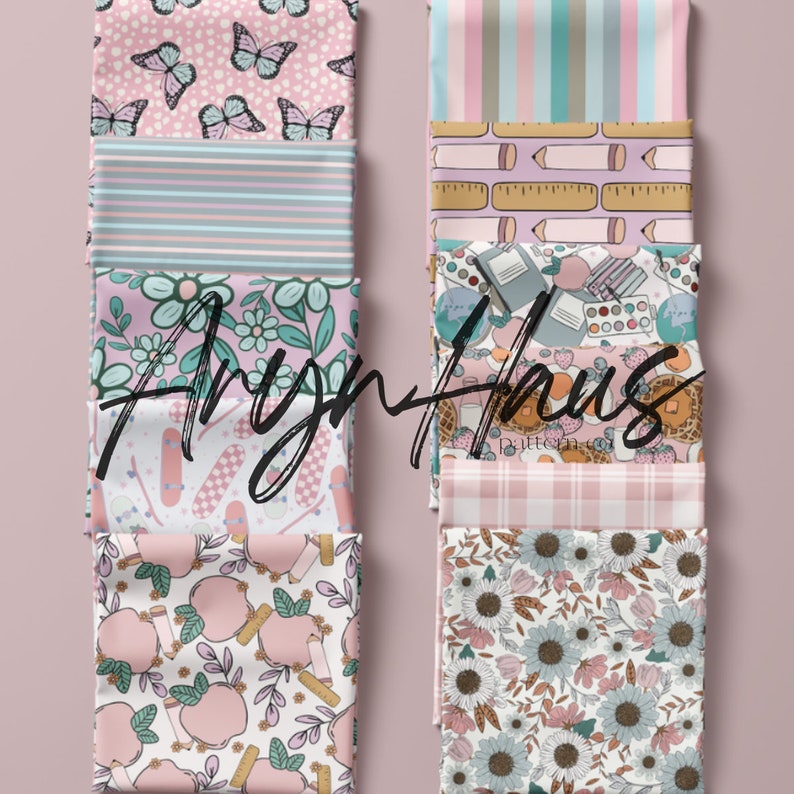 May include: A selection of patterned fabrics with designs such as butterflies, stripes, flowers, and school themes. The colour scheme includes soft pinks, blues, and greens. The fabrics are displayed against a pink backdrop.