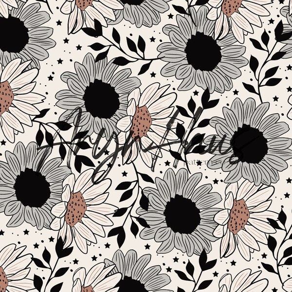 Boho Sunflower Seamless Pattern: Hand-Drawn Floral Design (JPG Digital Download)