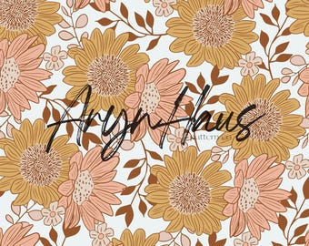 Girassóis boho retrô, girassol sem costura, design floral desenhado à mão, padrão repetido JPG, floral sem costura