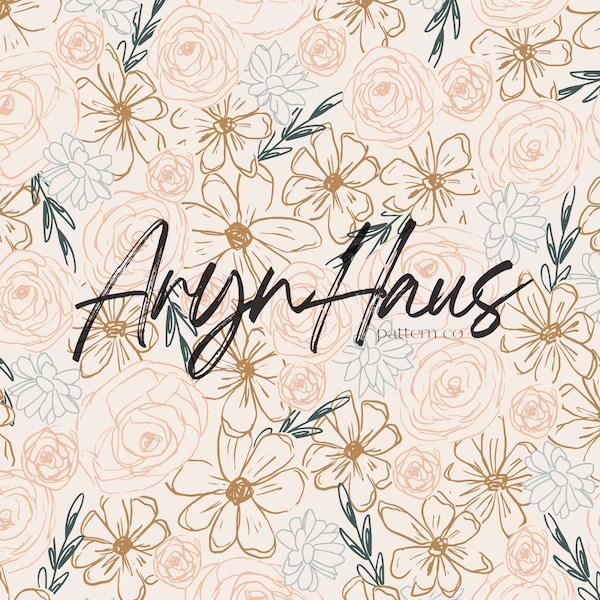 Peony Line Florals, Peony Bloom Seamless Repeat Pattern, Floral Seamless