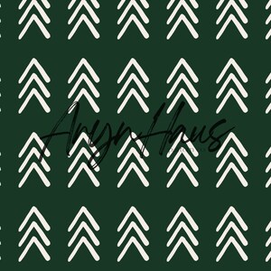 May include: Dark green background with a repeating pattern of white arrow-shaped designs. The pattern is evenly spaced and creates a visually appealing, symmetrical design. The text "Aryn Haus Pattern Co" is in the image.