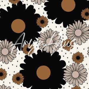 Retro Daisy Floral, Hand Drawn Floral Seamless Design, Repeat Pattern JPG, Floral Seamless