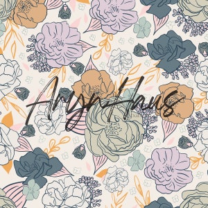 Line Peony Blooms, Hand Drawn Floral Seamless Design, Repeat Pattern JPG, Floral Seamless