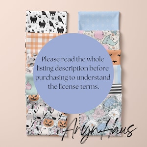 May include: A selection of fabric swatches with various patterns. Designs include black cats, pumpkins, ghosts, and floral patterns. The text "Please read the whole listing description before purchasing to understand the license terms" is visible.
