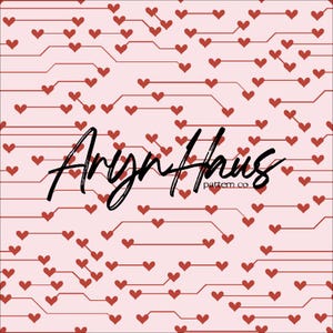 May include: A pink background featuring a repeating pattern of red hearts linked by red lines. The text "Arya Haus pattern.co" is written in a black script font.
