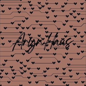 May include: A repeating pattern of black hearts and lines on a muted reddish-brown background. The design includes the text "Arya Hus pattern co" in a handwritten style, ideal for textiles or wallpaper.