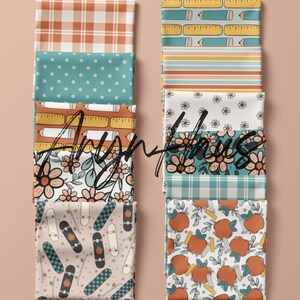 May include: A selection of patterned fabric swatches. Designs include plaid, polka dots, flowers, pencils, rulers, skateboards, and apples. The colour palette features teal, orange, cream, and tan. The word "Any" is written across the center of the image.