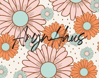 Retro Daisy Floral, Hand Drawn Floral Seamless Design, Repeat Pattern JPG, Summer Seamless Floral Seamless