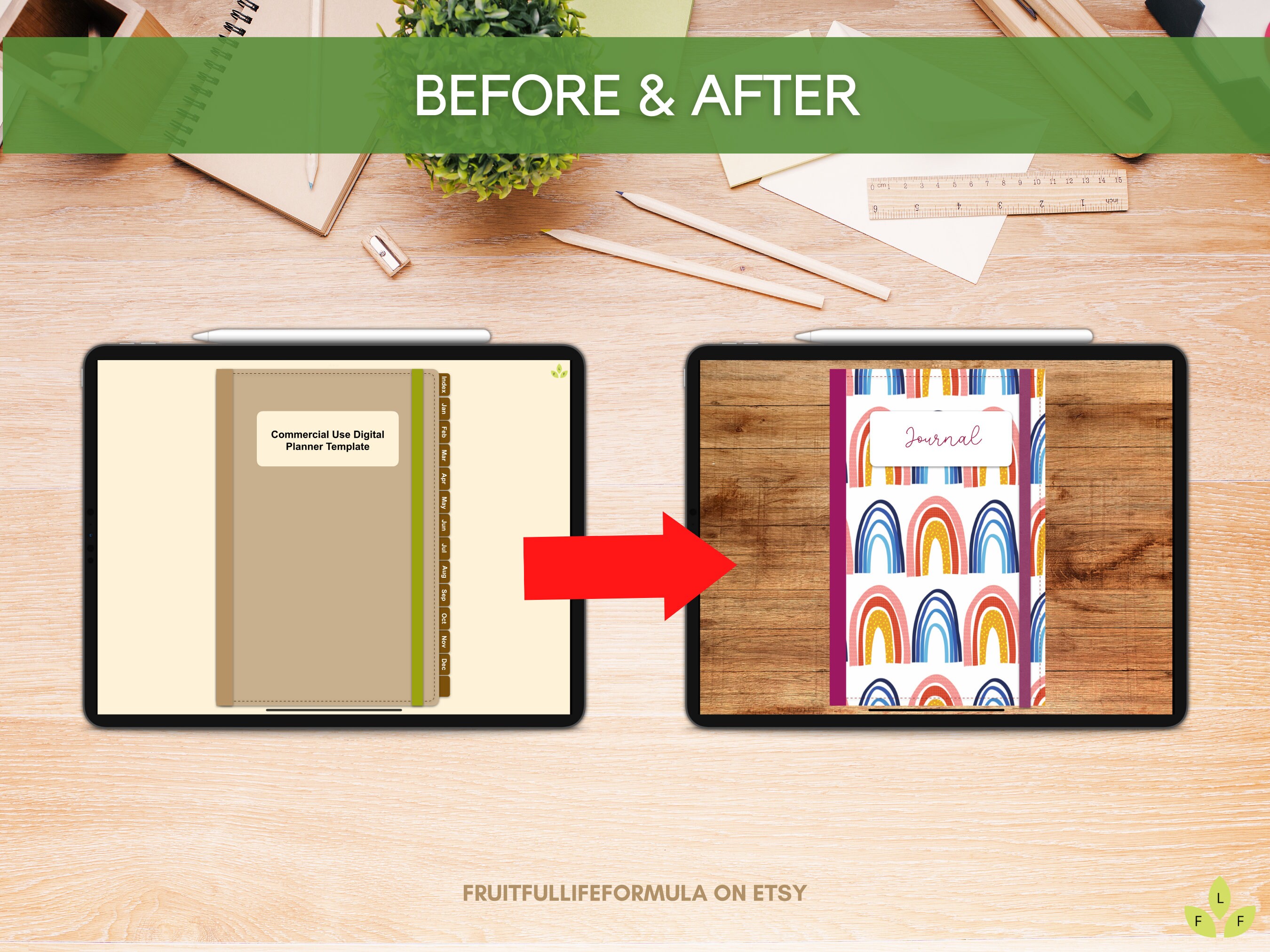 Commercial Use Digital Planner Template With Flipping Hyperlinked Tabs