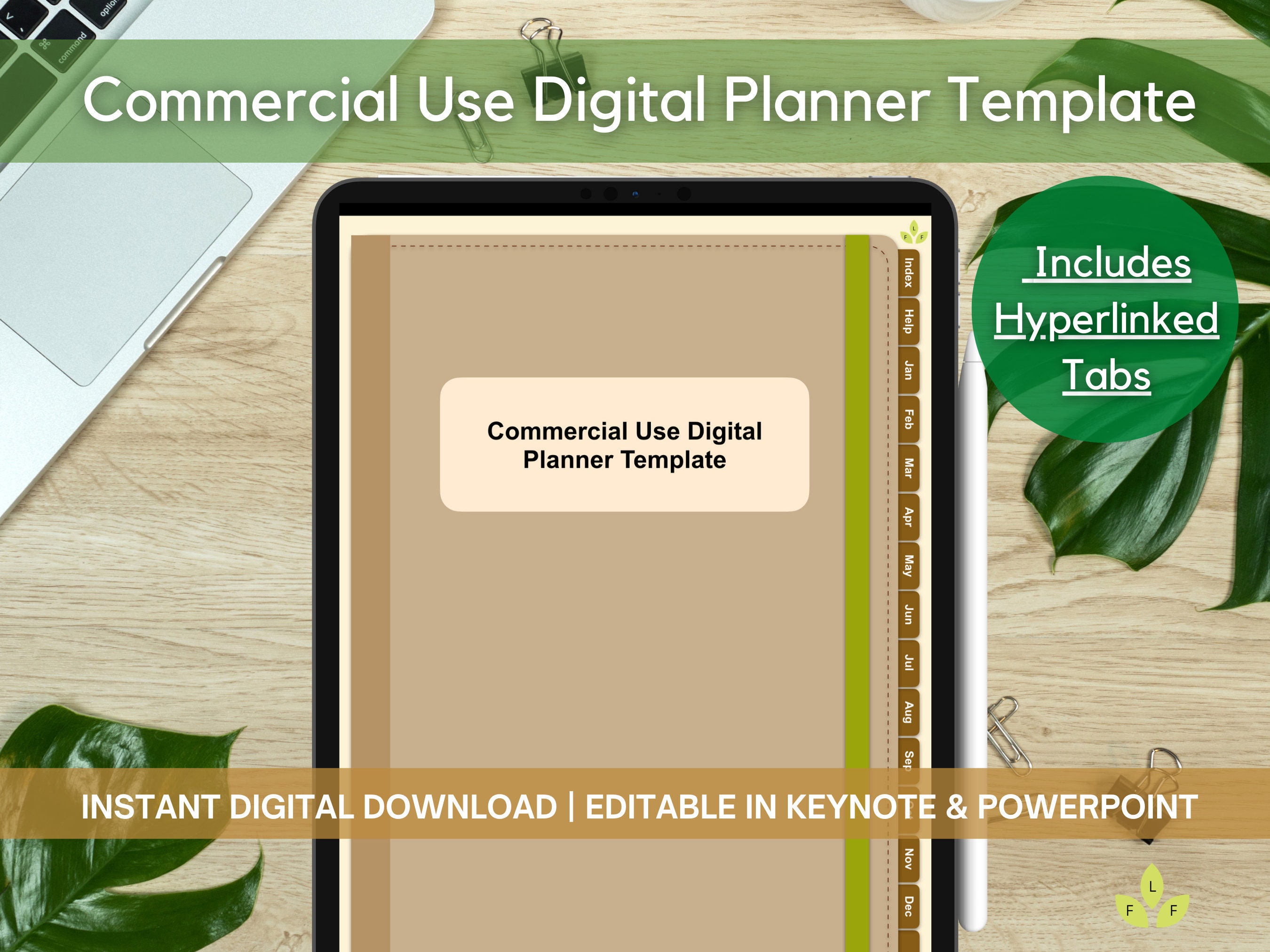 Commercial Use Digital Planner Template With Hyperlinked Tabs