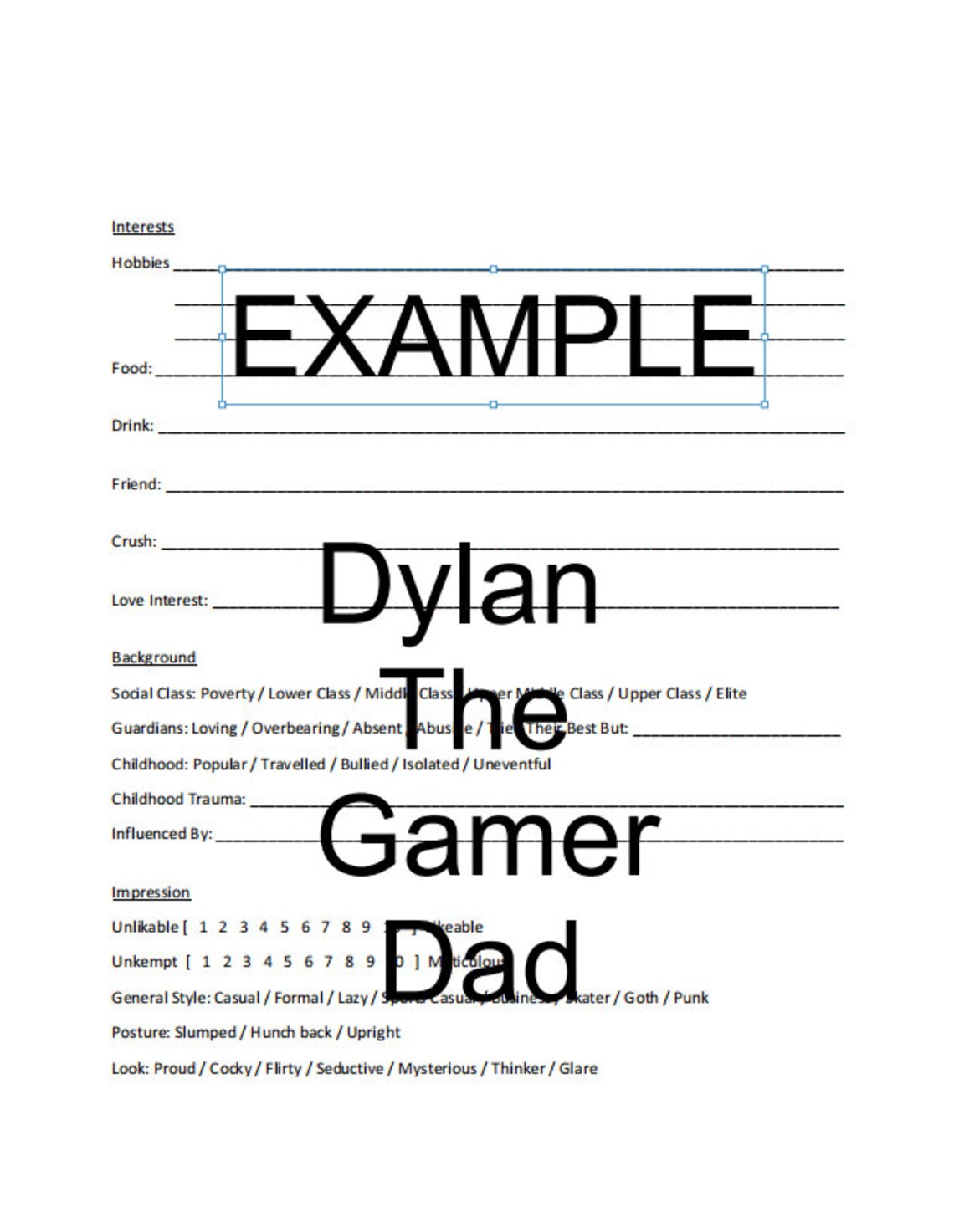 Writing Template Detailed Character Profile Template Etsy