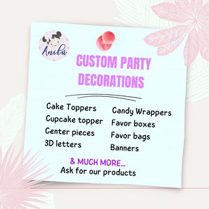 Puede incluir: Una tarjeta azul claro con el texto "Anilu CUSTOM PARTY DECORATIONS" en negro. La tarjeta enumera varias decoraciones para fiestas, que incluyen adornos para pasteles, adornos para cupcakes, piezas centrales, letras 3D, envoltorios de caramelos, cajas de regalo, bolsas de regalo y pancartas. El texto "& MUCH MORE... Ask for our products" tambi&eacute;n est&aacute; incluido.