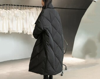 Black loose fit long down jacket for women, Warm parka with long sleeves , Winter coat