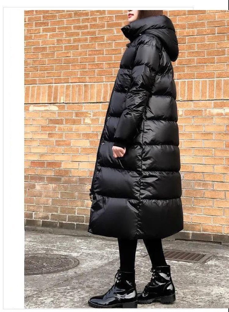 Black Glossy Parka Coat for Women Thicken Winter Hooded Loose - Etsy