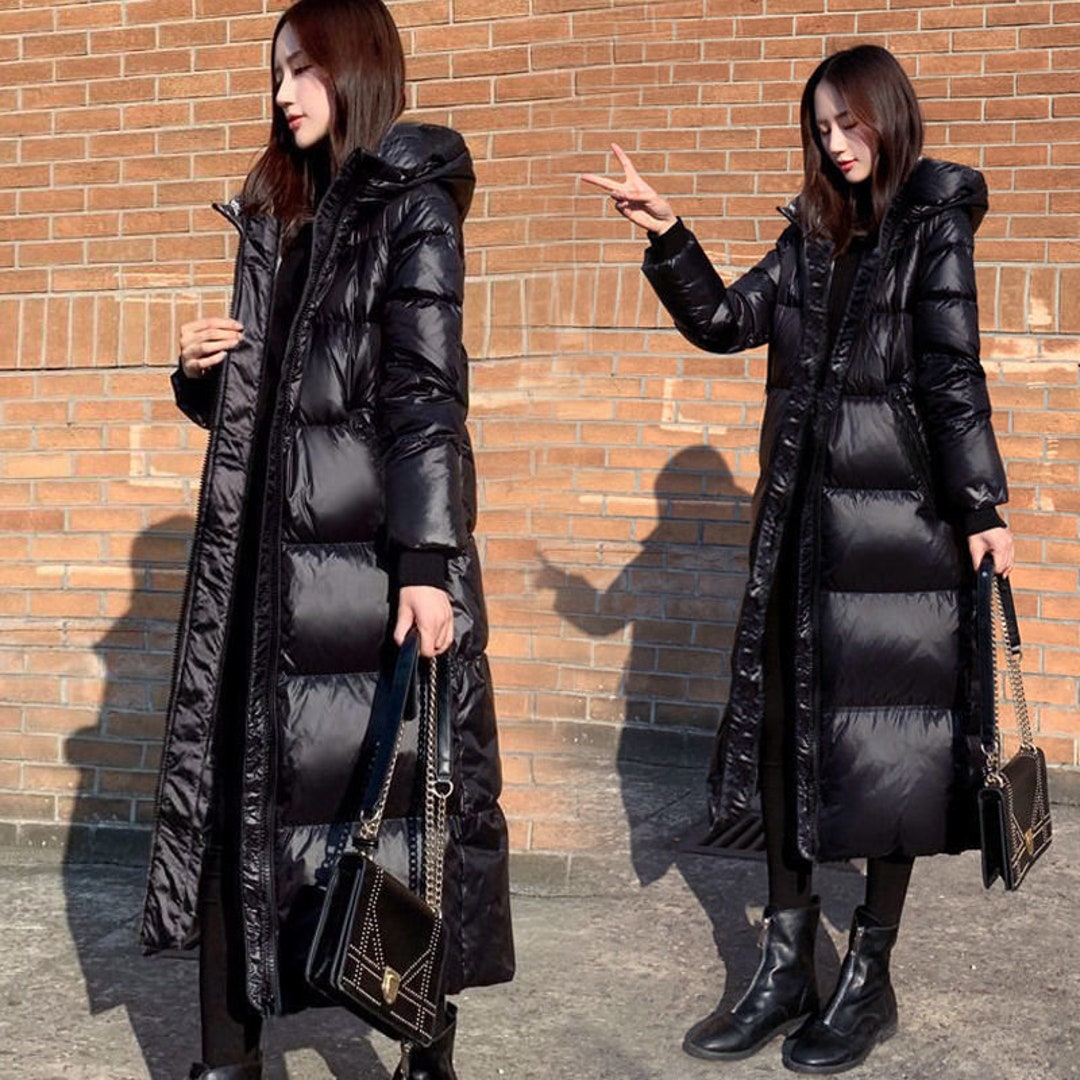 Black Glossy Parka Coat for Women Thicken Winter Hooded Loose - Etsy