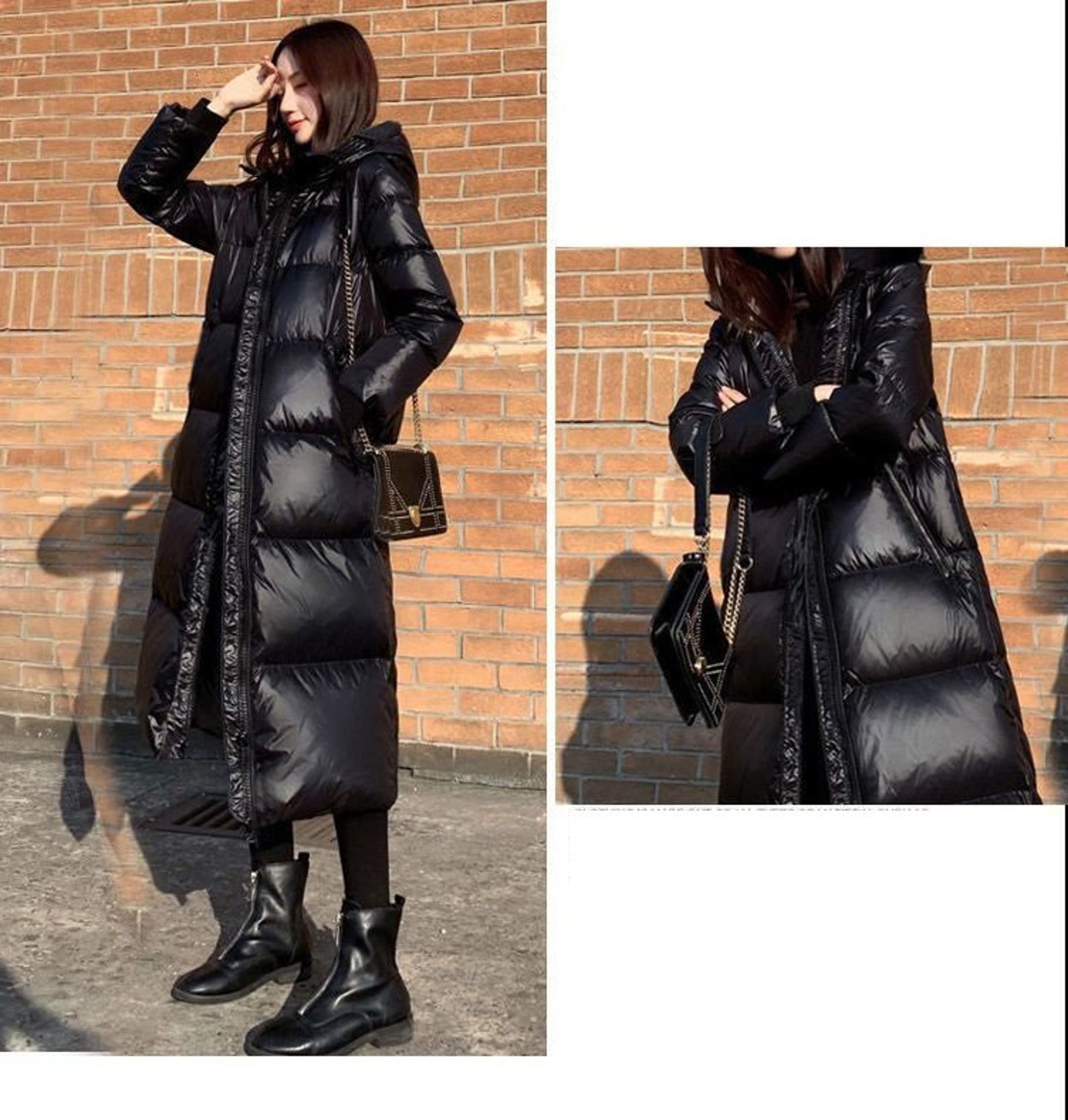 Black Glossy Parka Coat for Women Thicken Winter Hooded Loose - Etsy